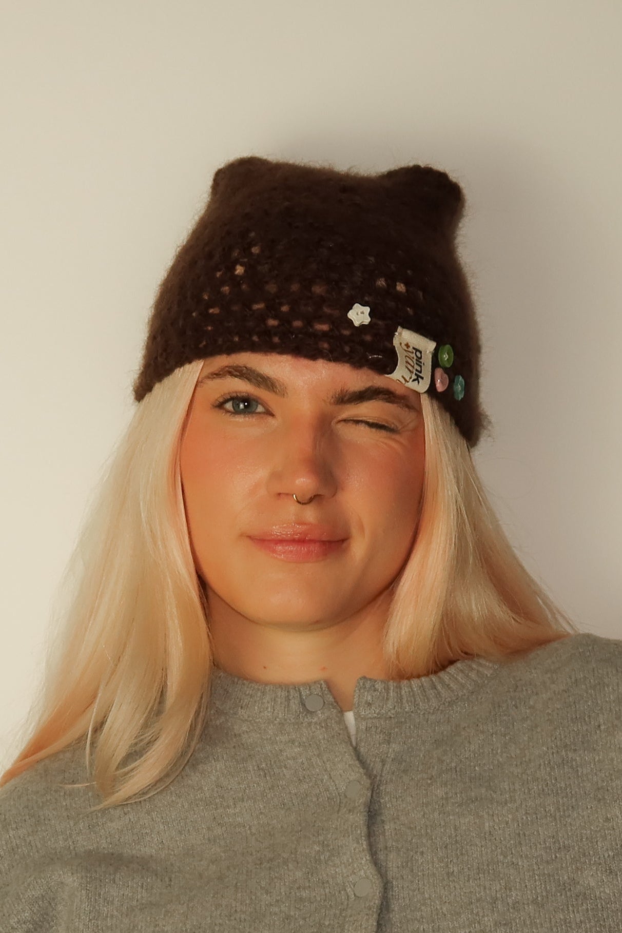 Cat Ears Beanie Mohair Teddy Brown