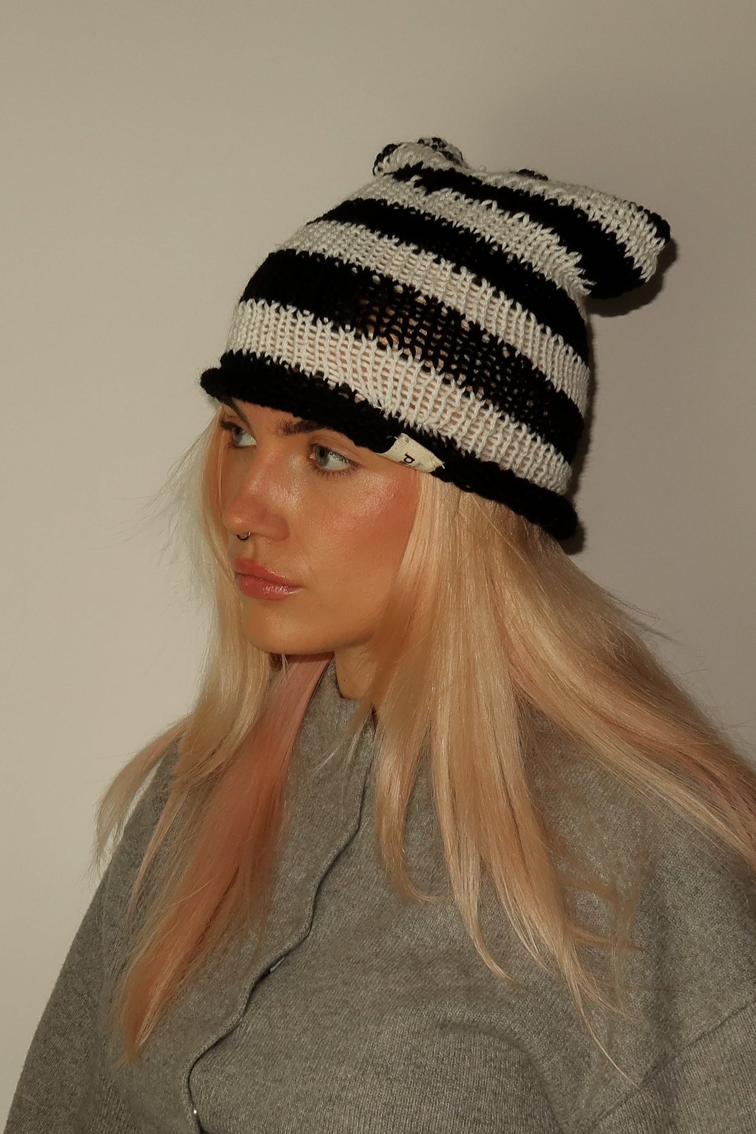 Cat Ears Beanie Black & White Slouchy Fit