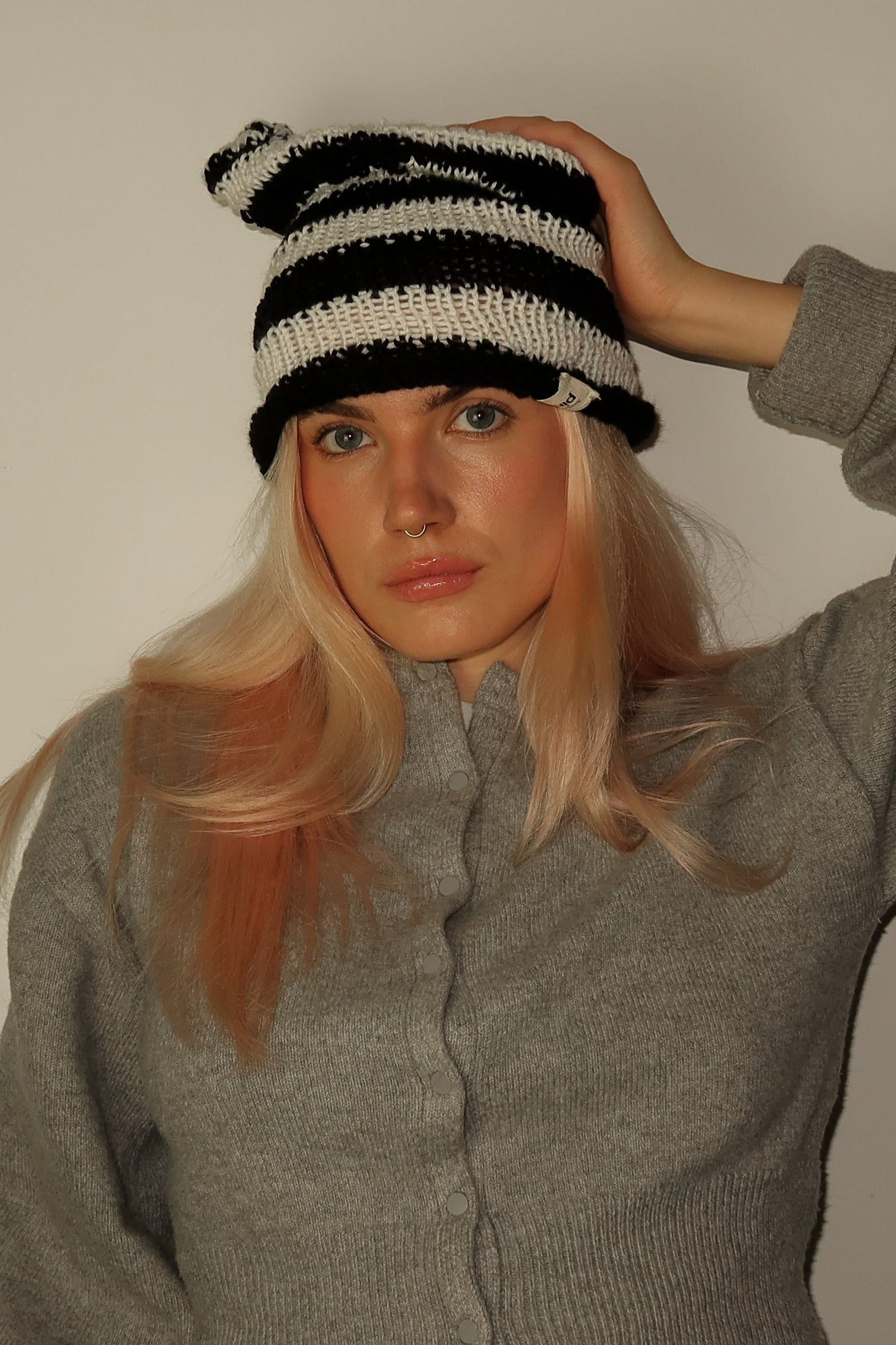Cat Ears Beanie Black & White Slouchy Fit