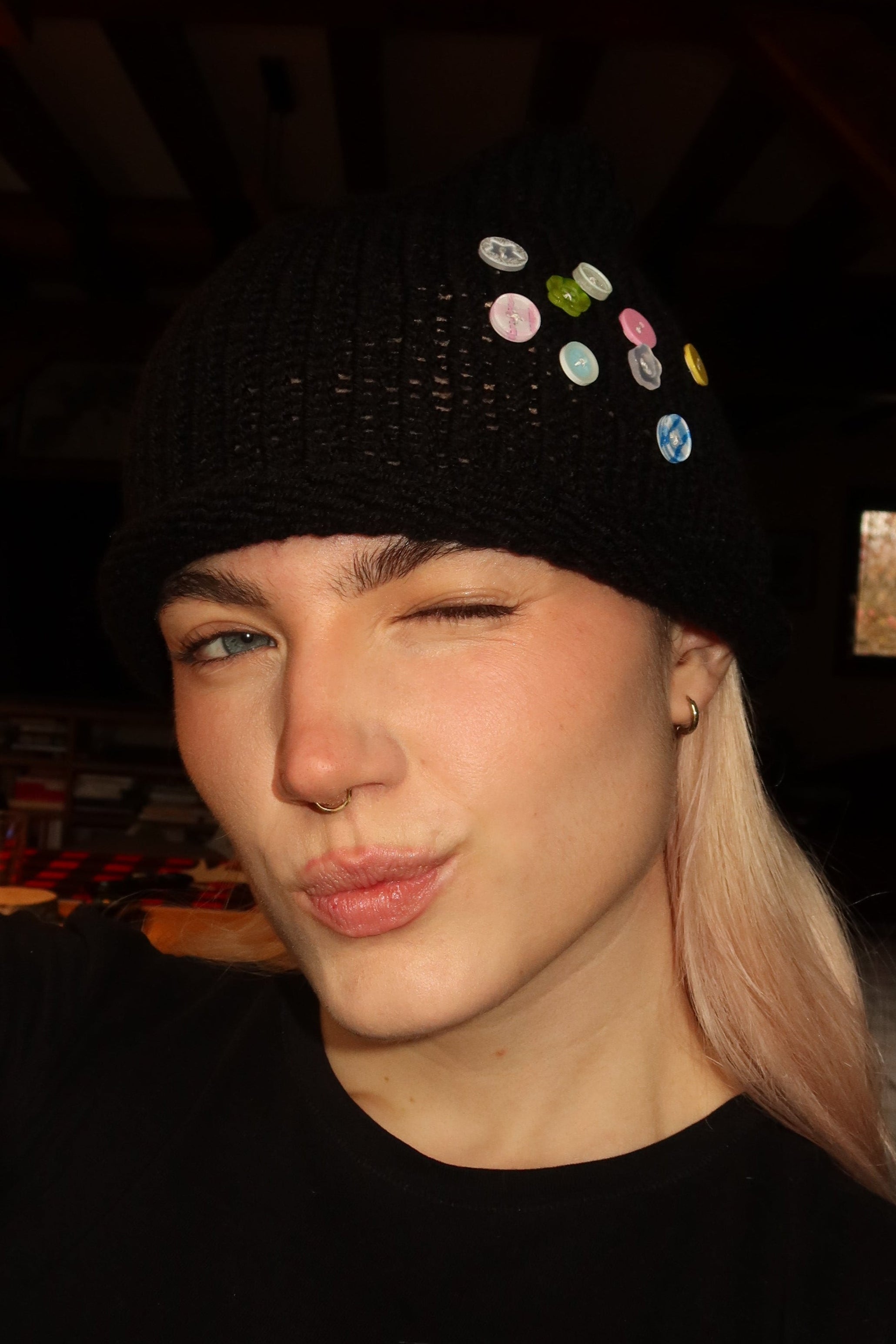 Cat Ears Beanie Black & Buttons