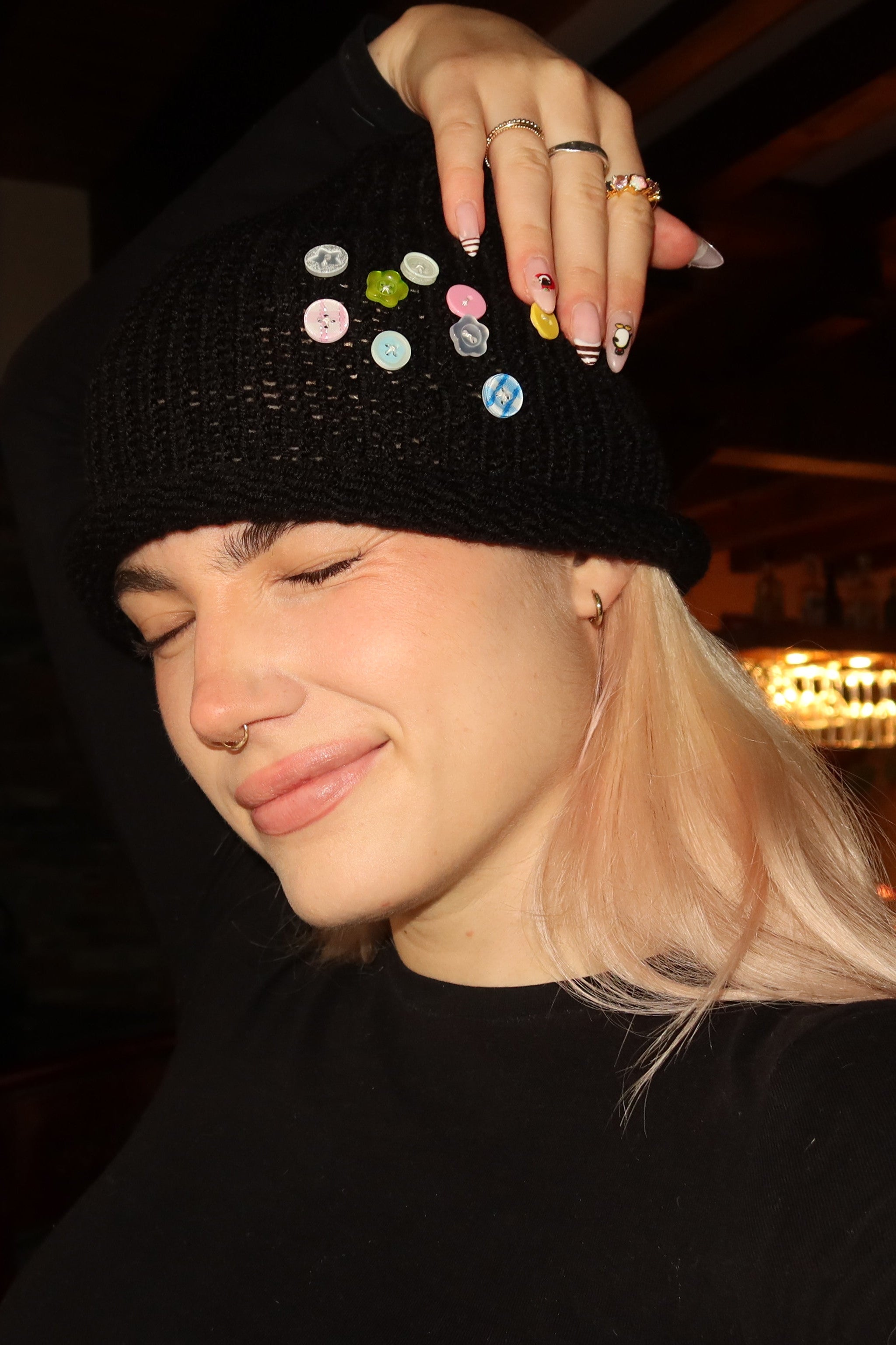 Cat Ears Beanie Black & Buttons