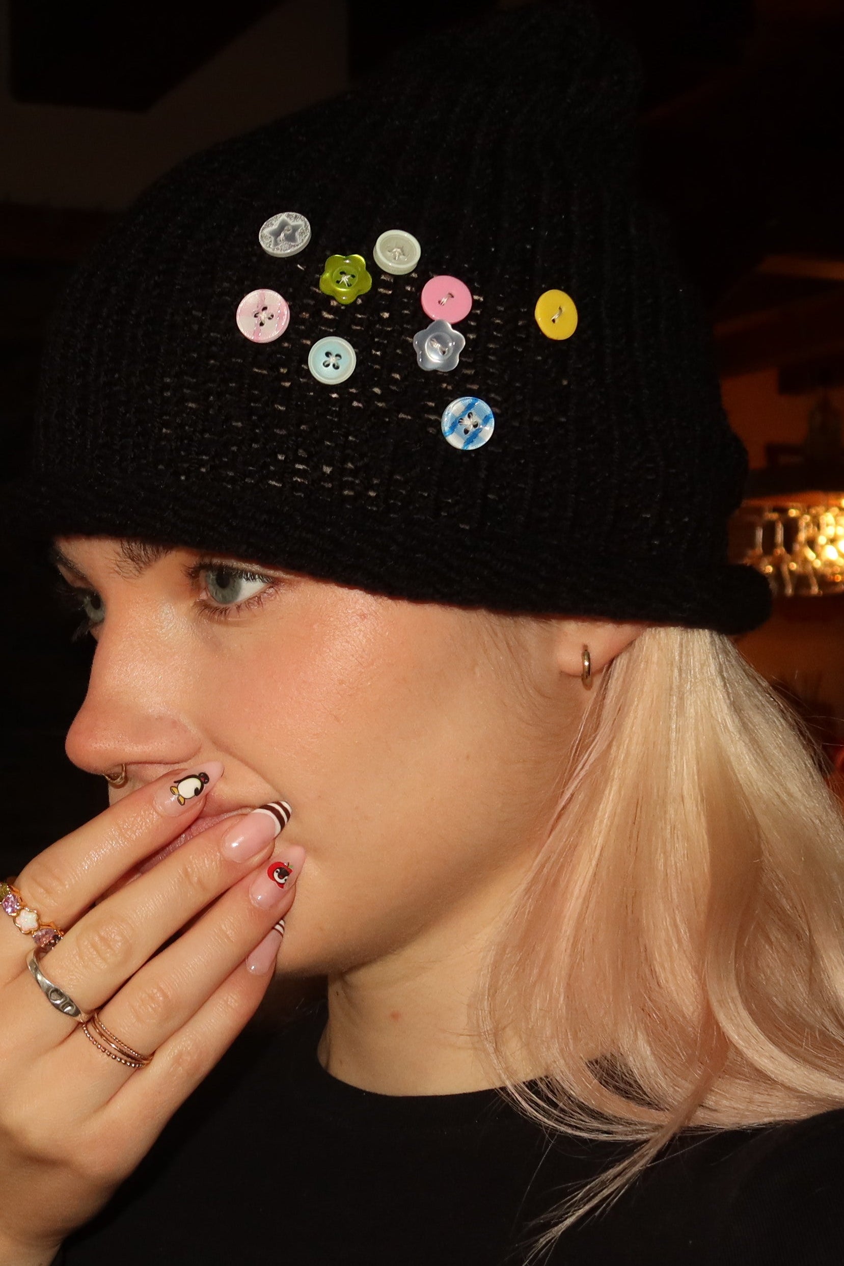 Cat Ears Beanie Black & Buttons