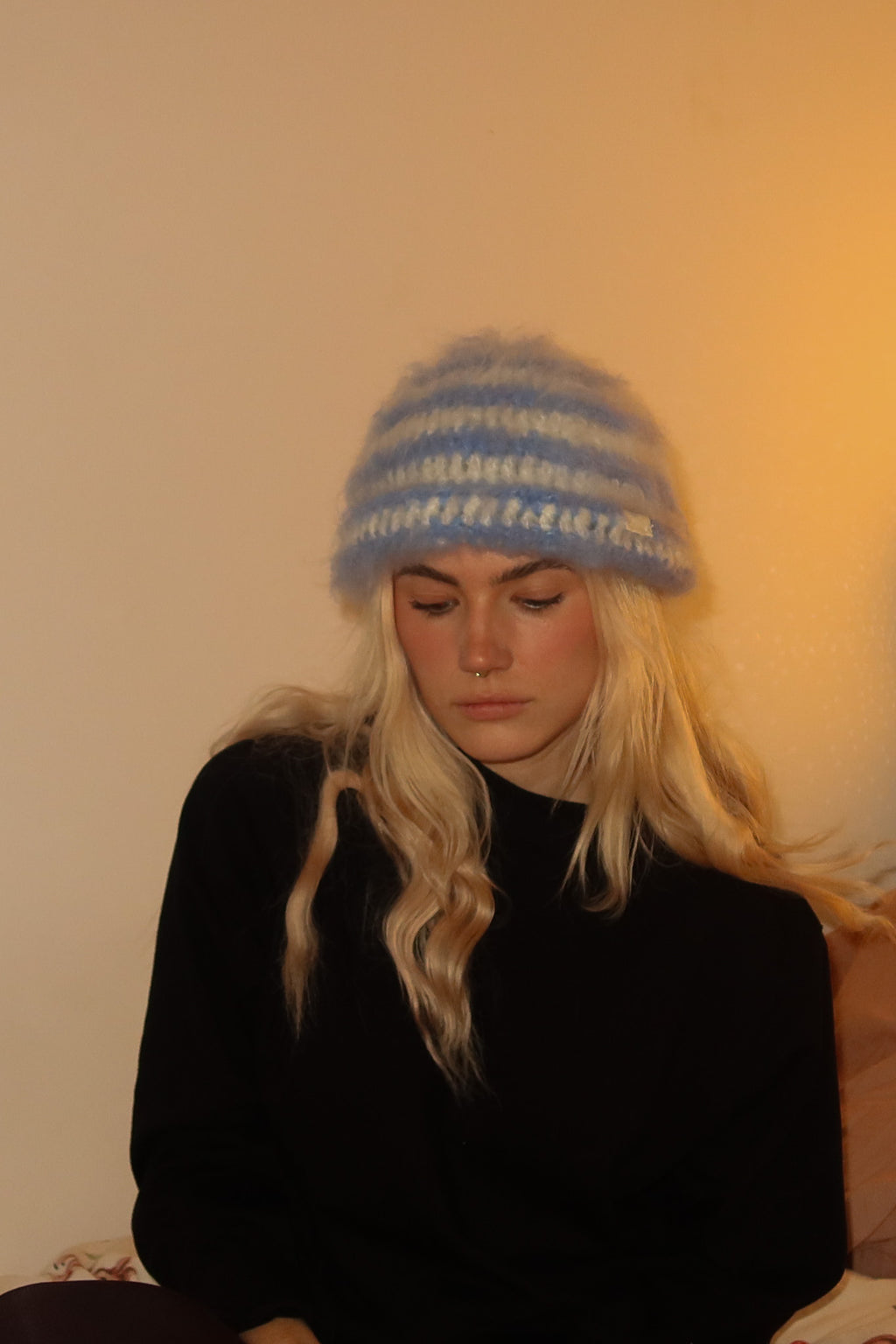 Classic Striped Beanie - Striped Blue Mohair