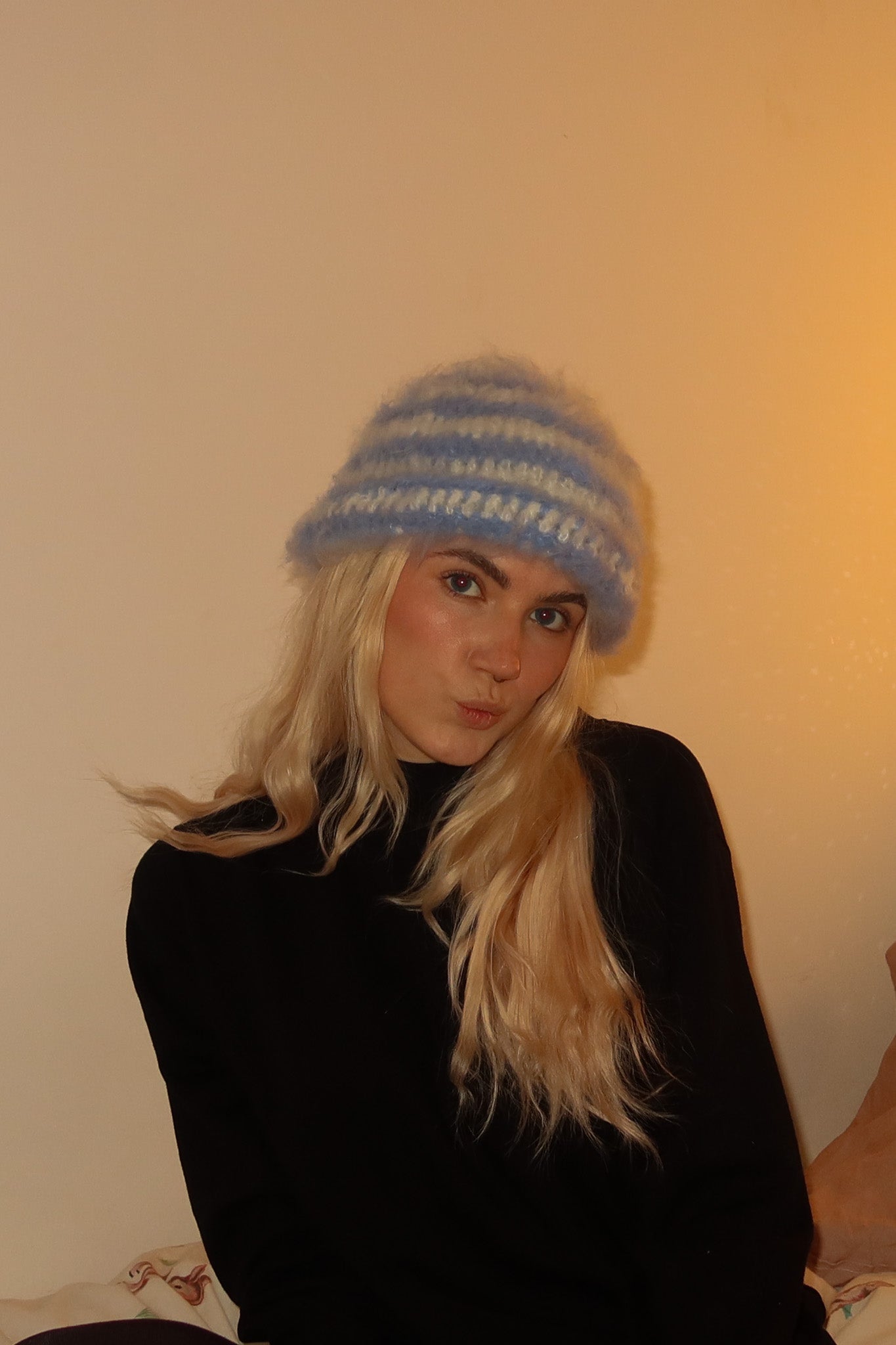 Classic Striped Beanie - Striped Blue Mohair