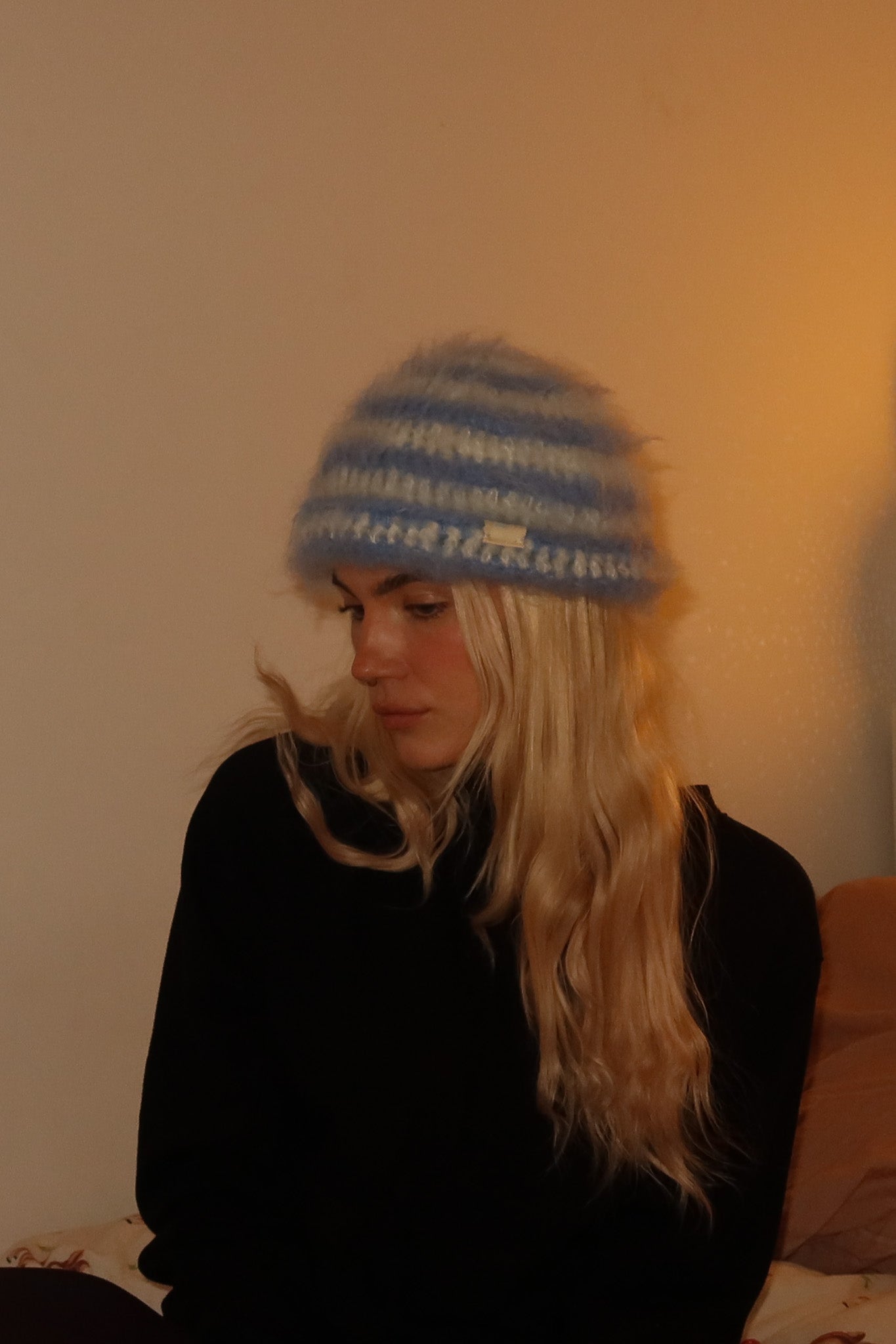 Classic Striped Beanie - Striped Blue Mohair