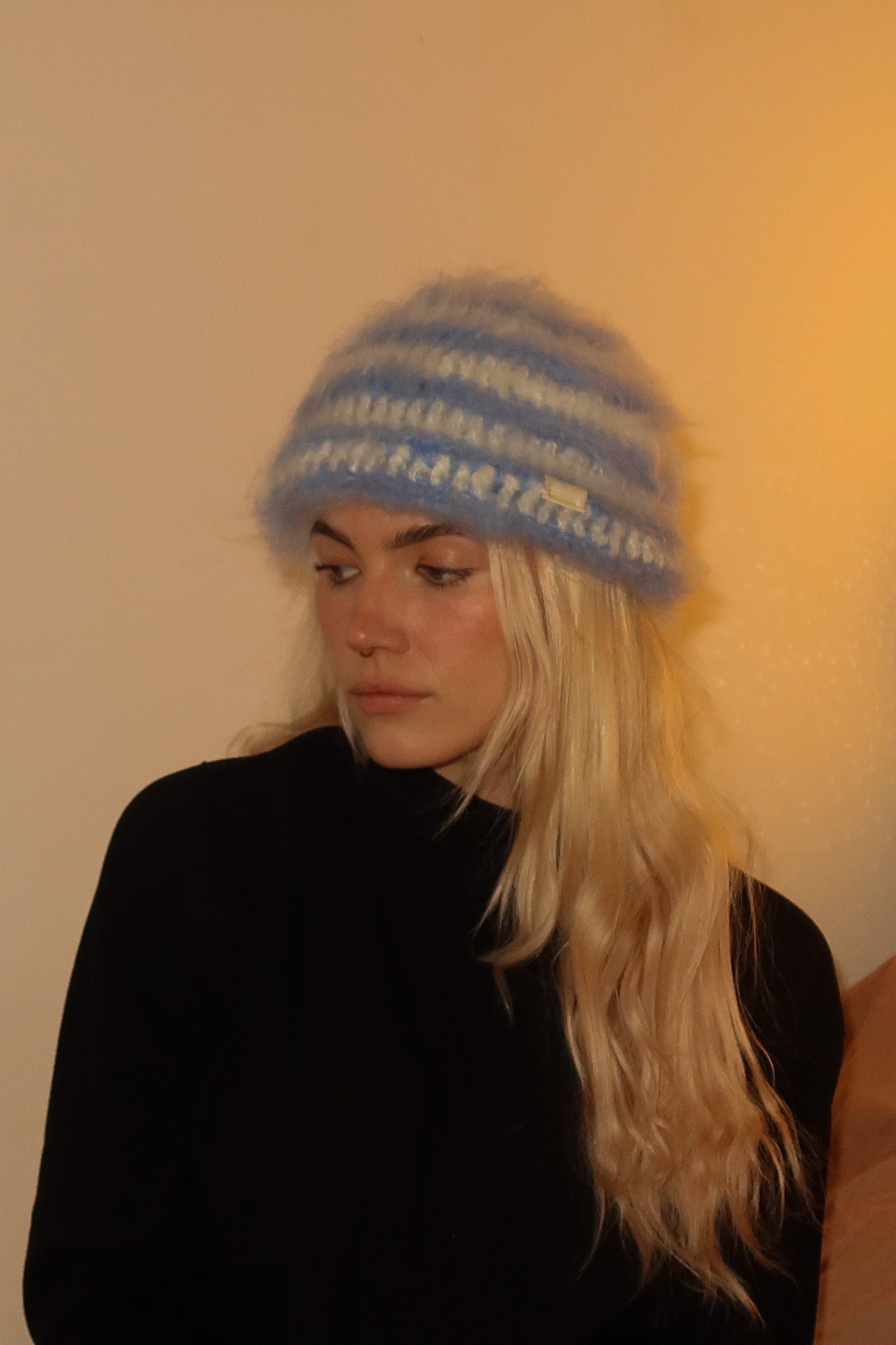 Classic Striped Beanie - Striped Blue Mohair