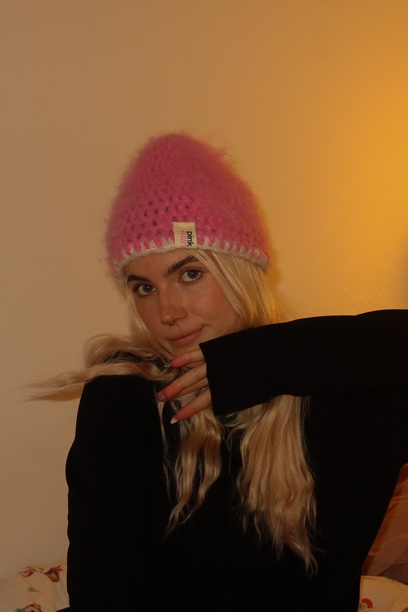 Classic Striped Beanie - Pink Mohair