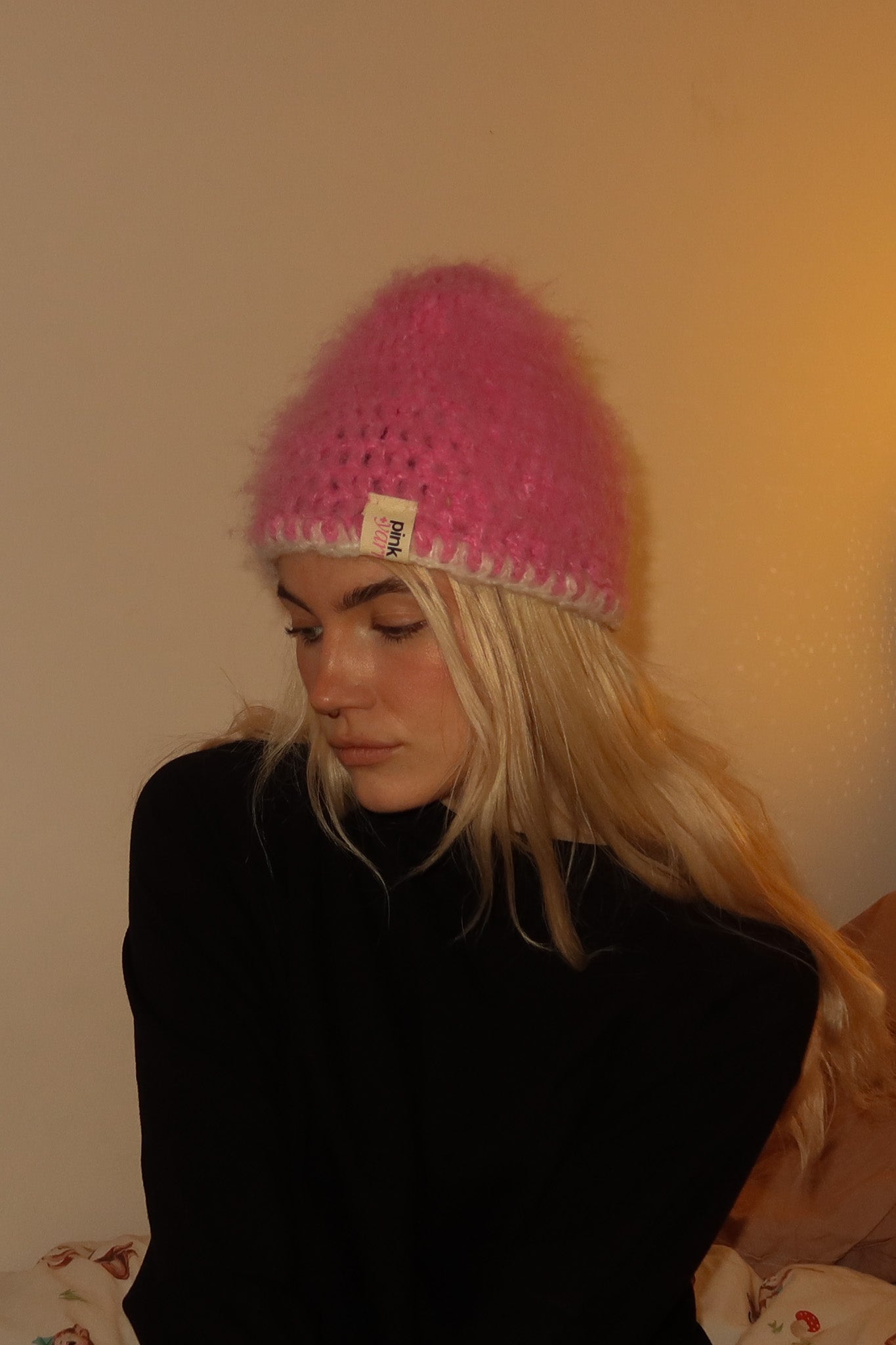 Classic Striped Beanie - Pink Mohair