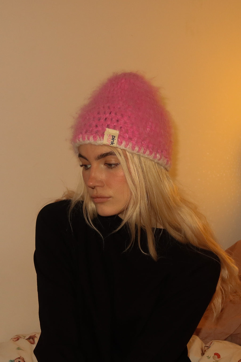 Classic Striped Beanie - Pink Mohair