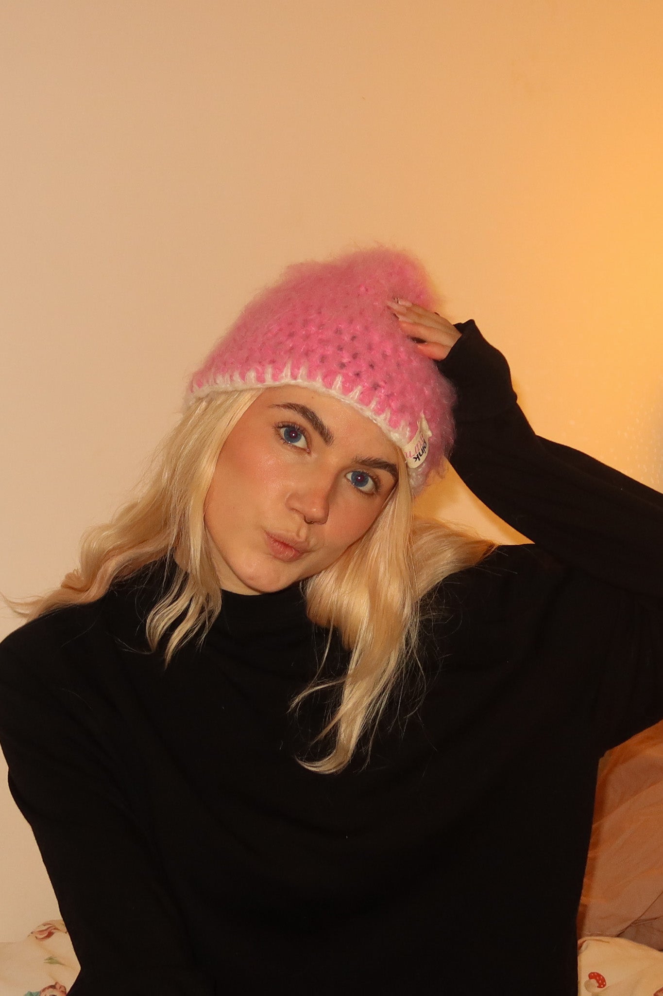 Classic Striped Beanie - Pink Mohair