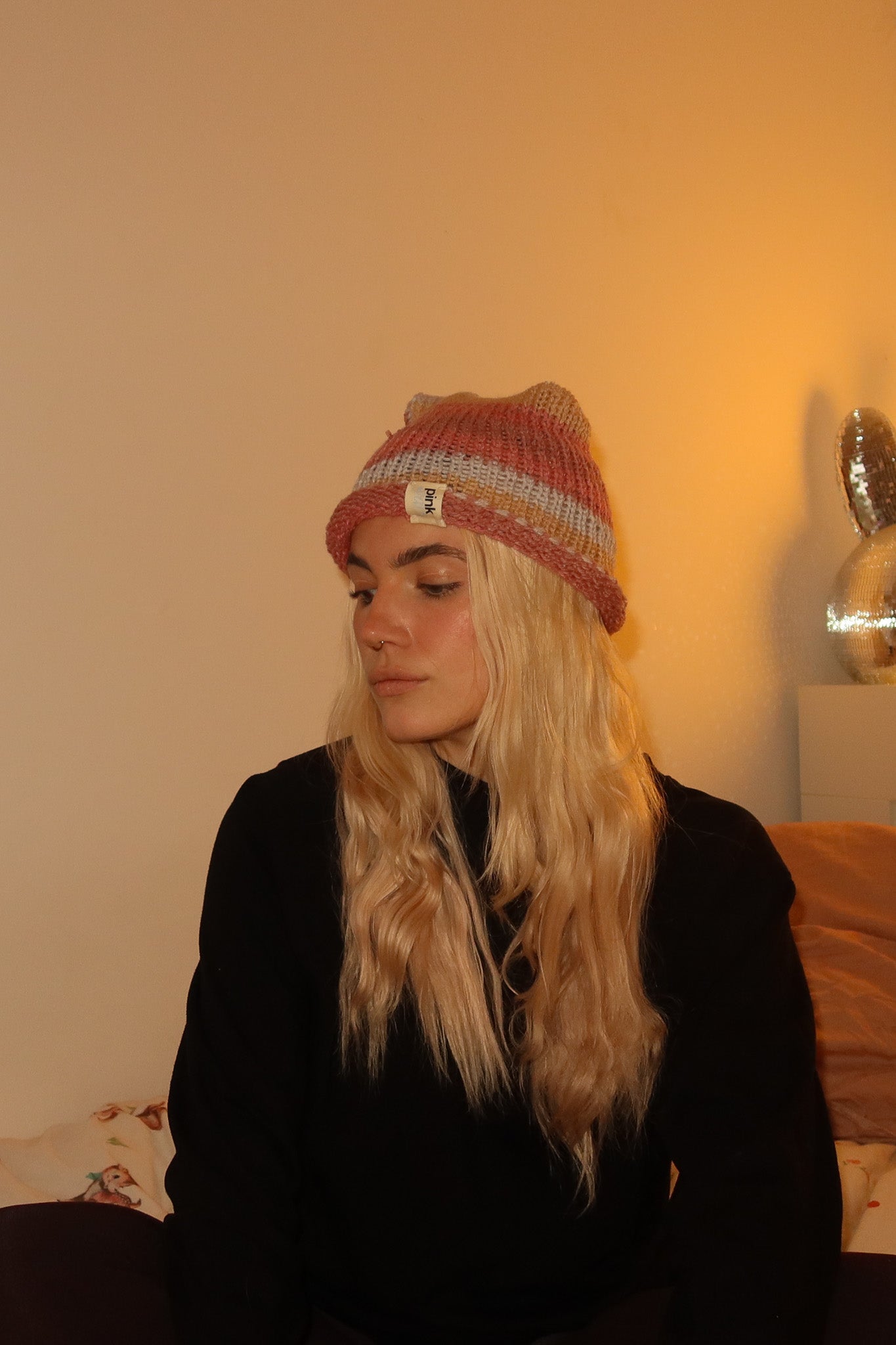 Cat Ears Beanie  - Striped Peach Mist