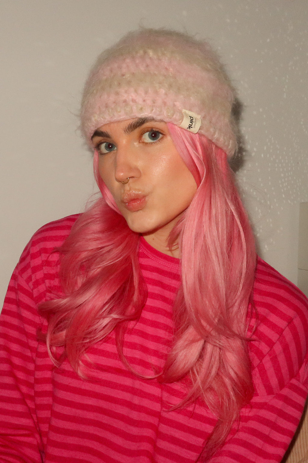 Classic Striped Beanie - Mohair Pink Brush