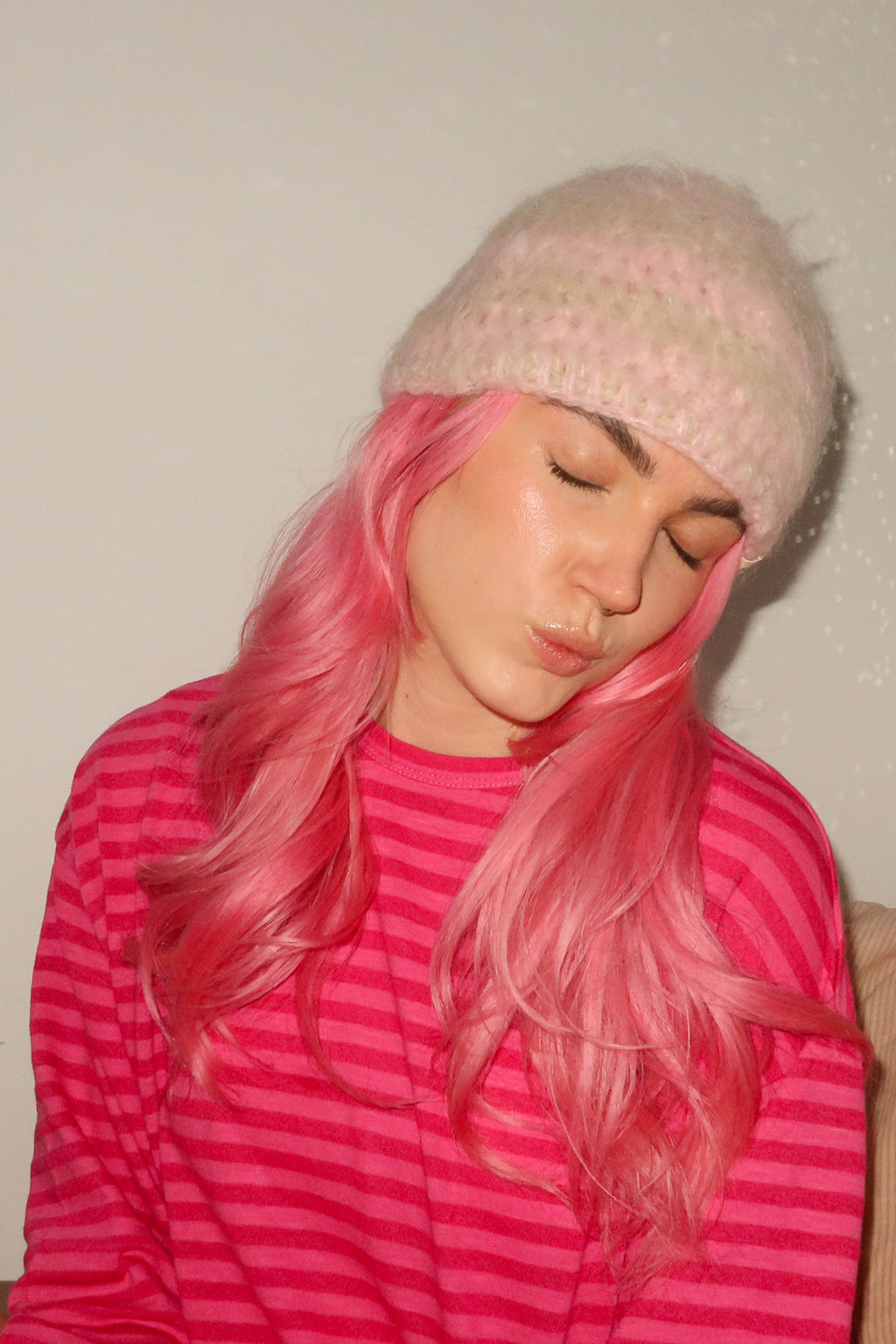 Classic Striped Beanie - Mohair Pink Brush
