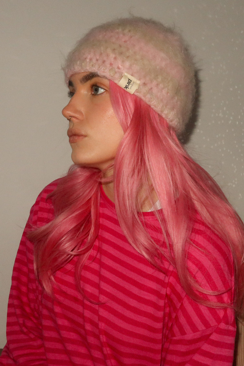 Classic Striped Beanie - Mohair Pink Brush