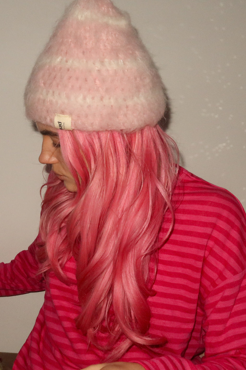 Classic Striped Beanie - Mohair Pink & White