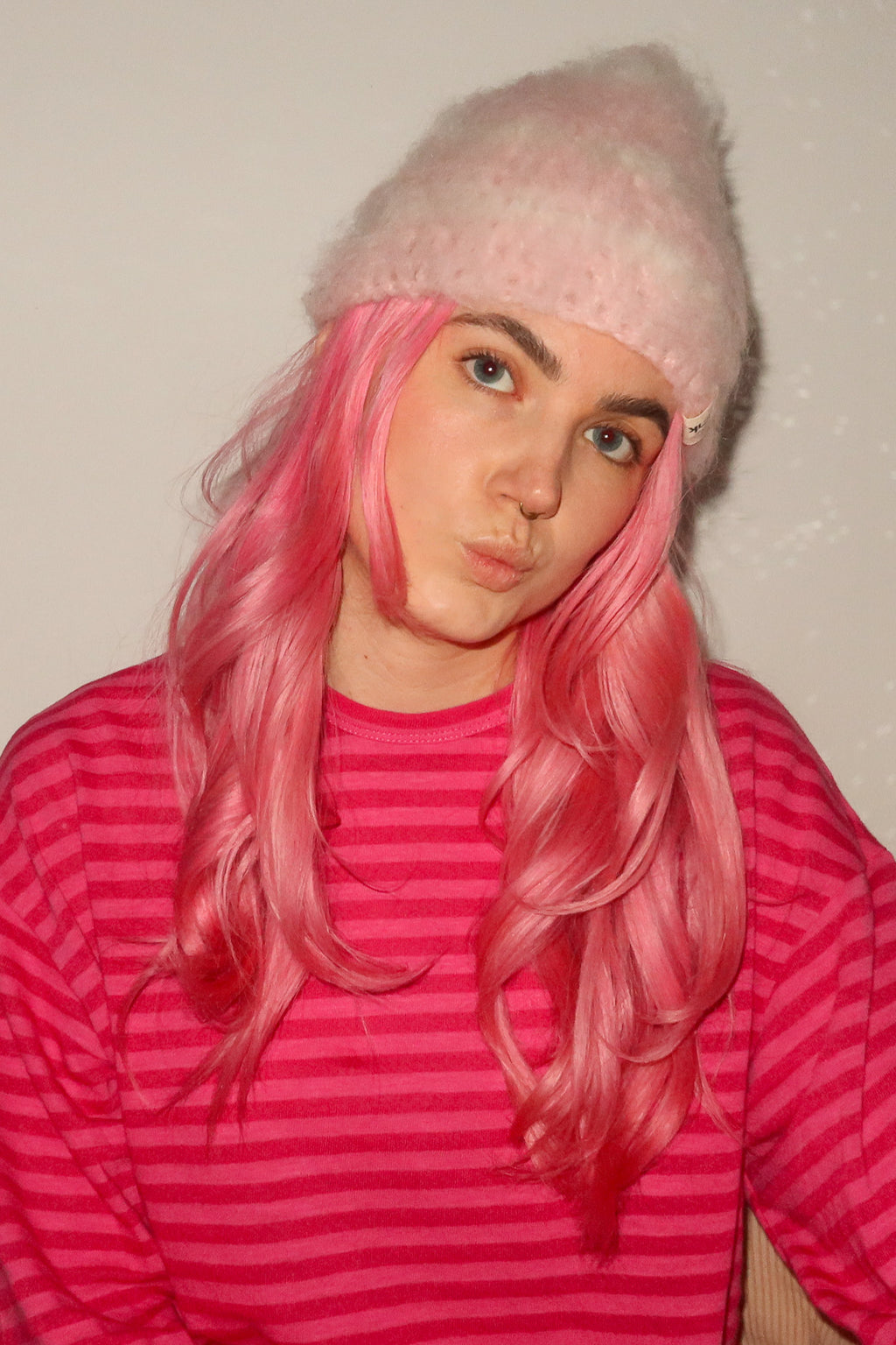 Classic Striped Beanie - Mohair Pink & White