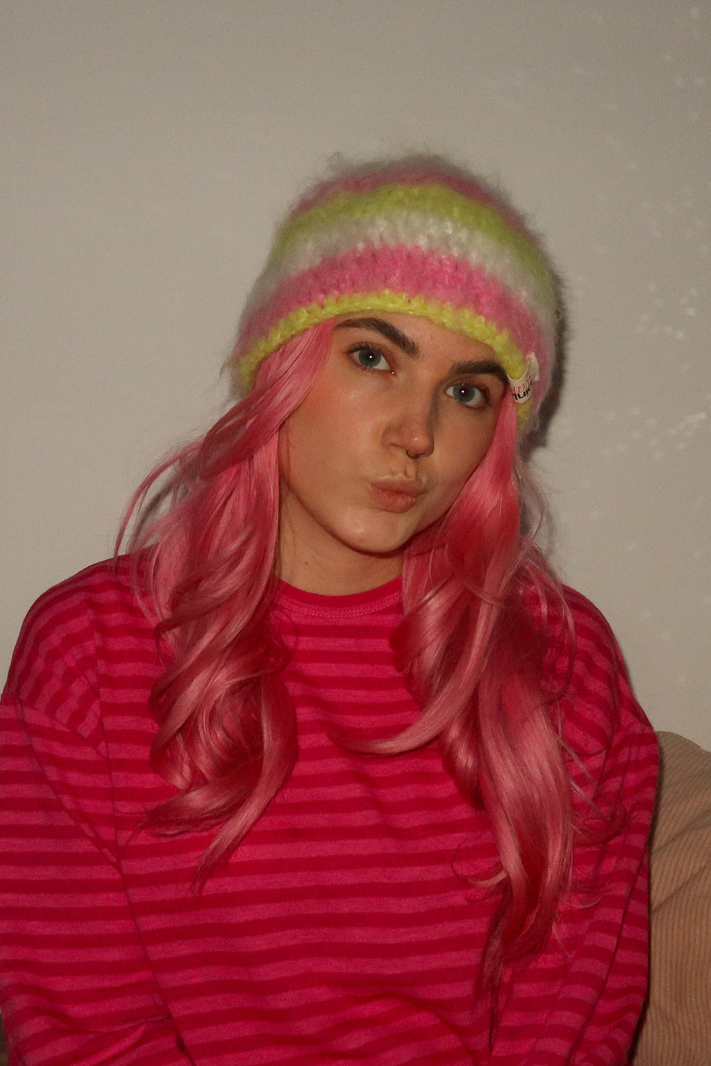 Classic Striped Beanie - Mohair Pink Dango