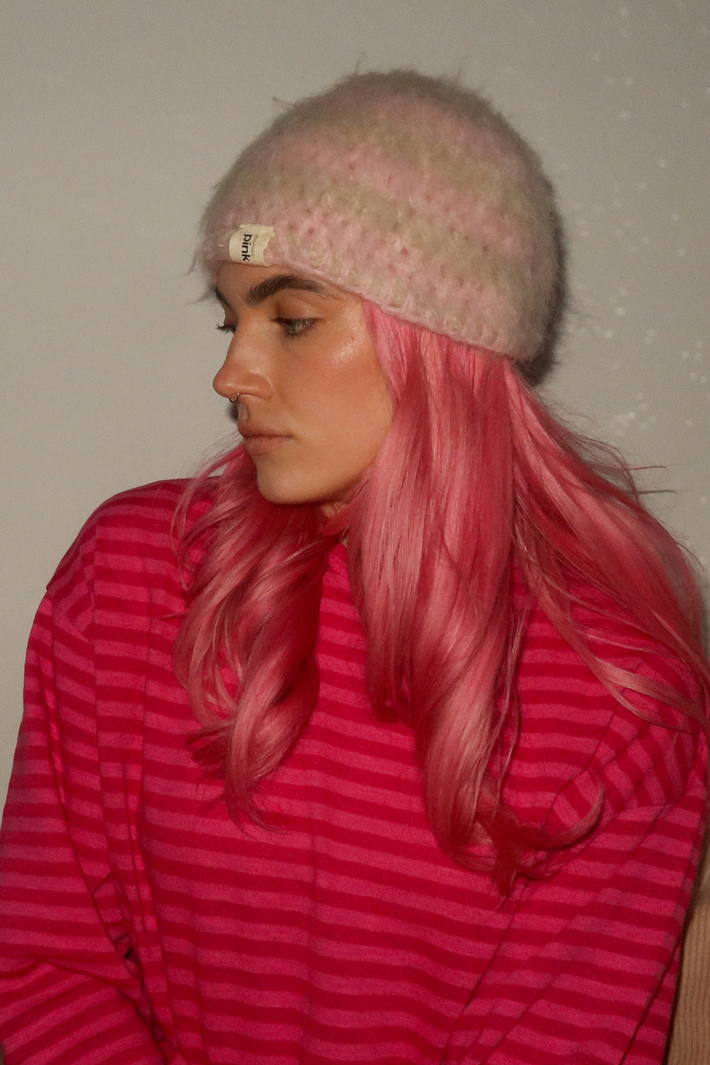 Classic Striped Beanie - Mohair Pink Brush