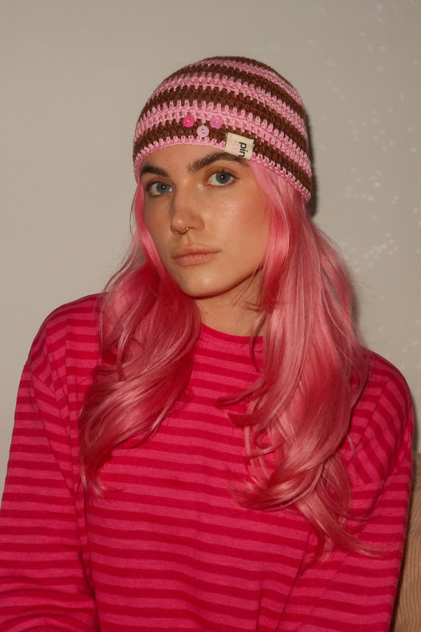 Classic Striped Beanie Pink Bear