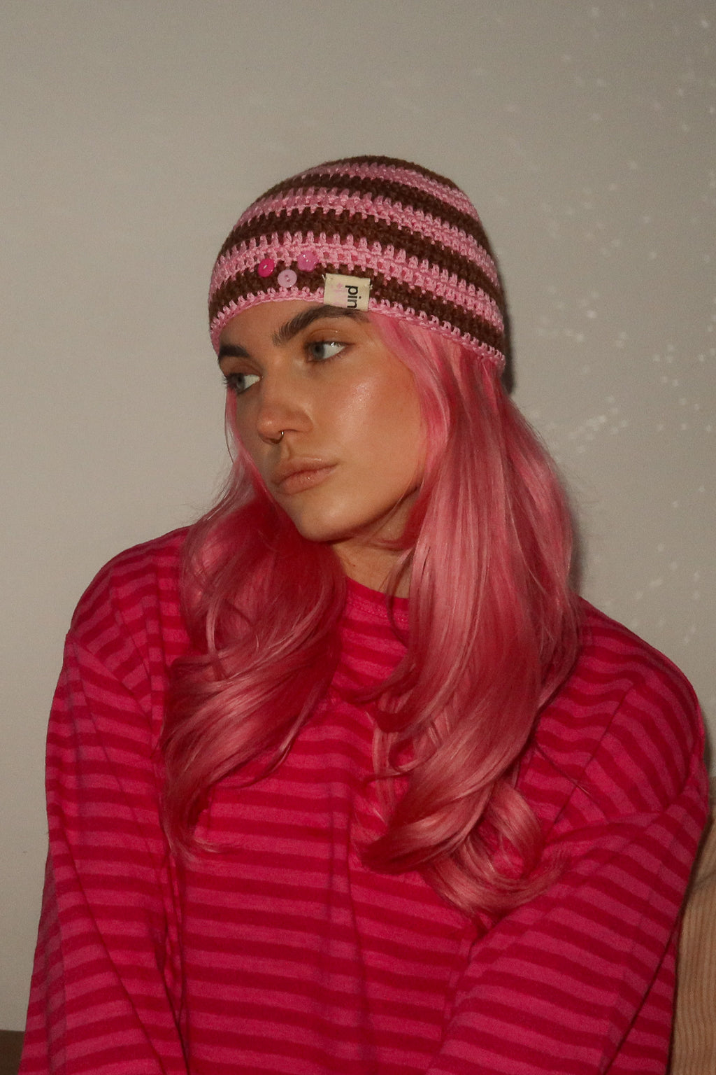 Classic Striped Beanie Pink Bear