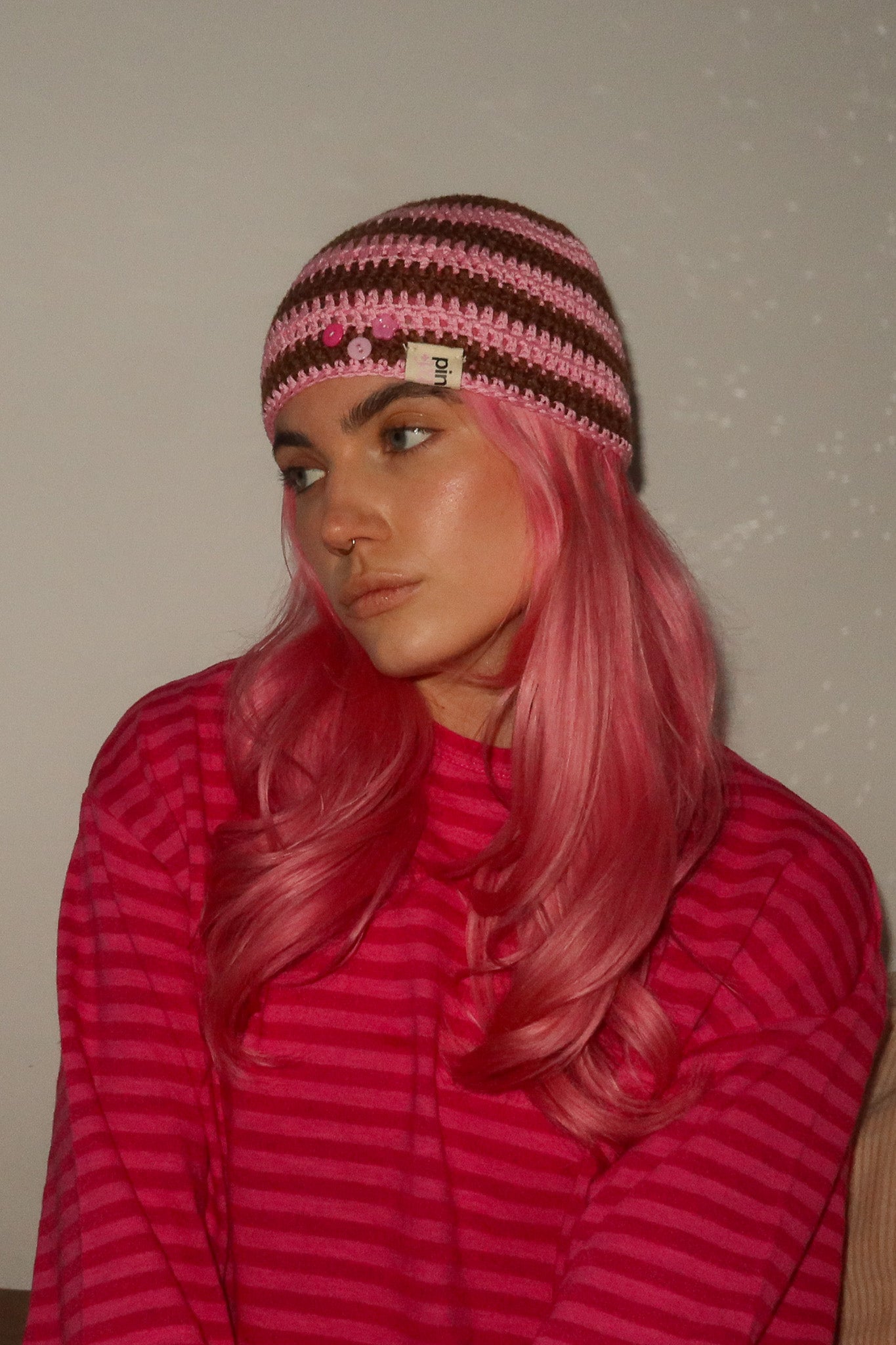 Classic Striped Beanie Pink Bear