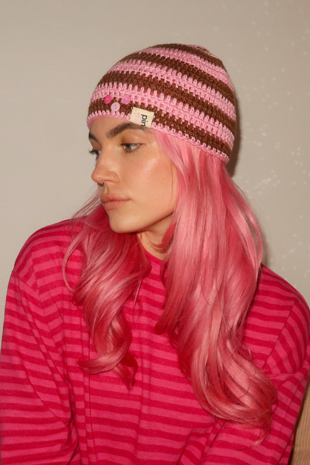 Classic Striped Beanie Pink Bear
