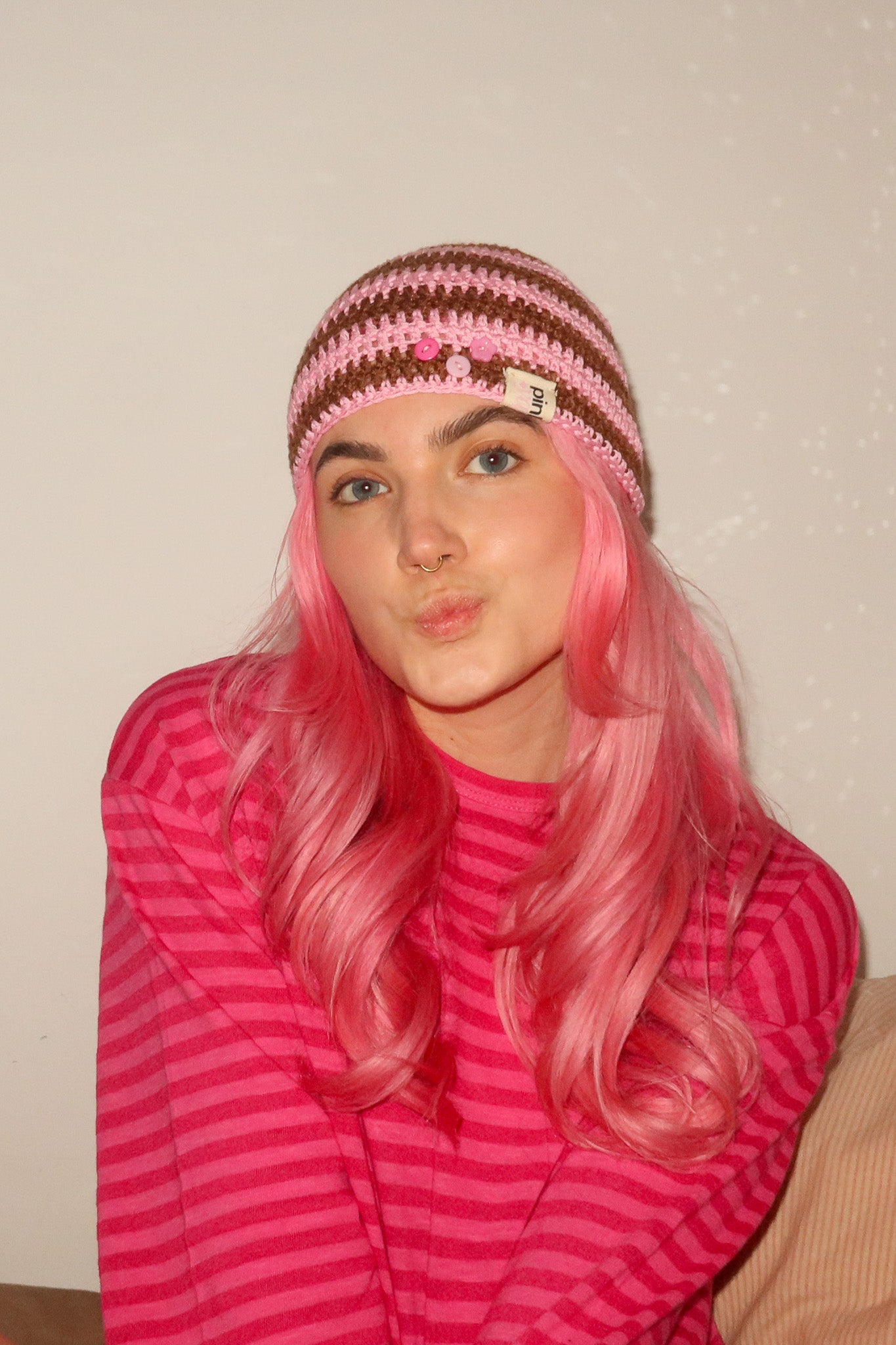 Classic Striped Beanie Pink Bear