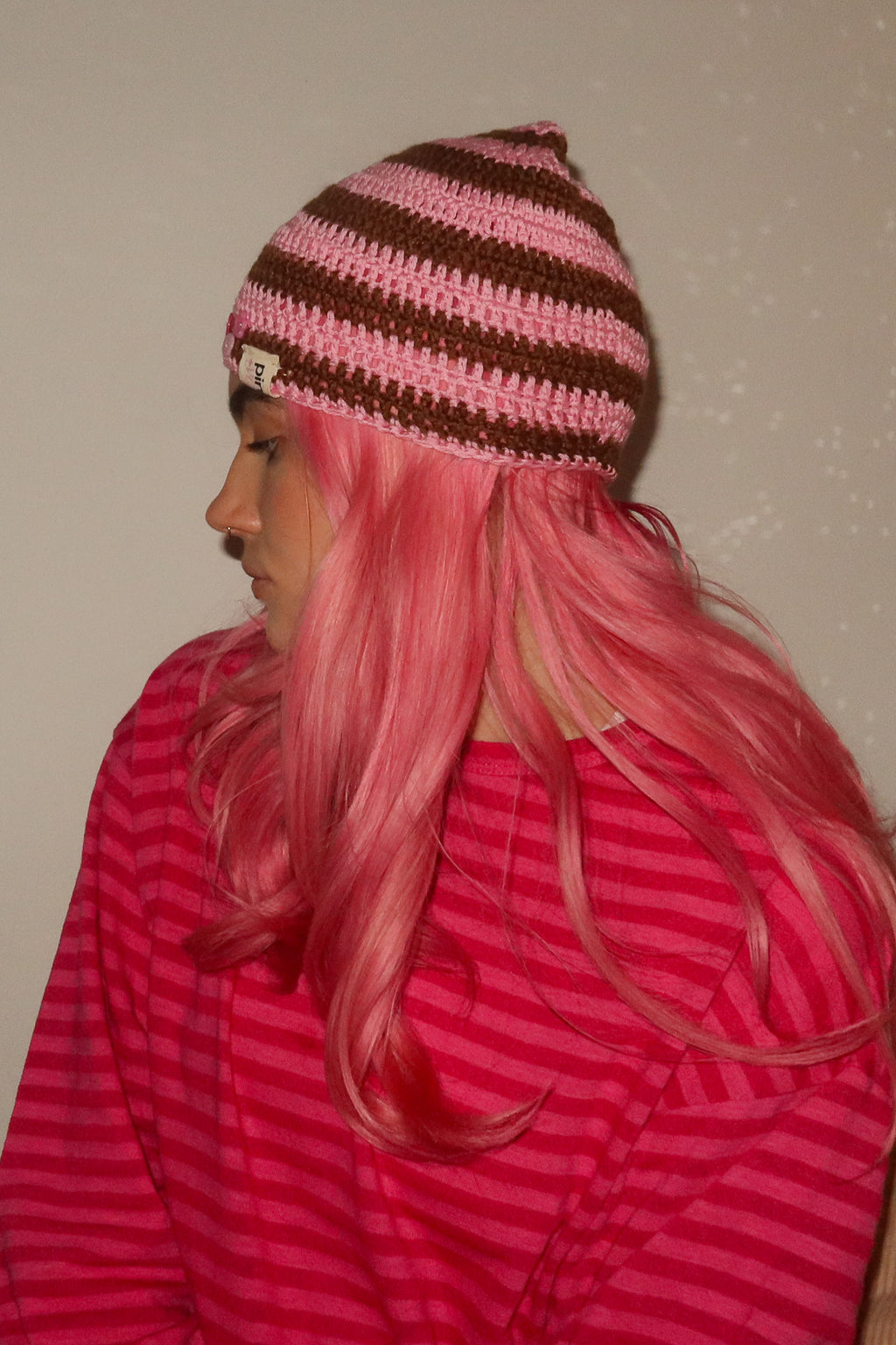 Classic Striped Beanie Pink Bear