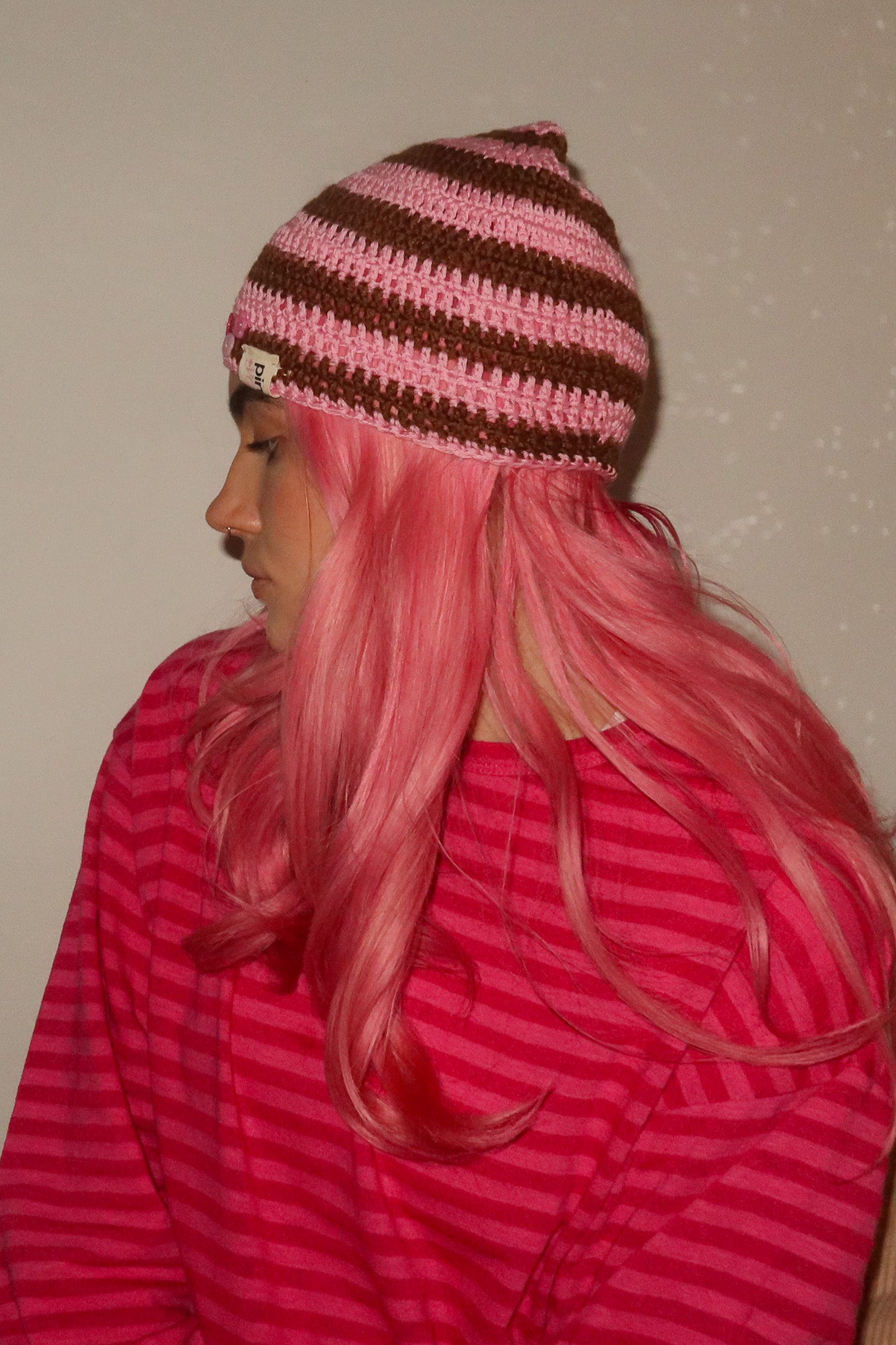 Classic Striped Beanie Pink Bear
