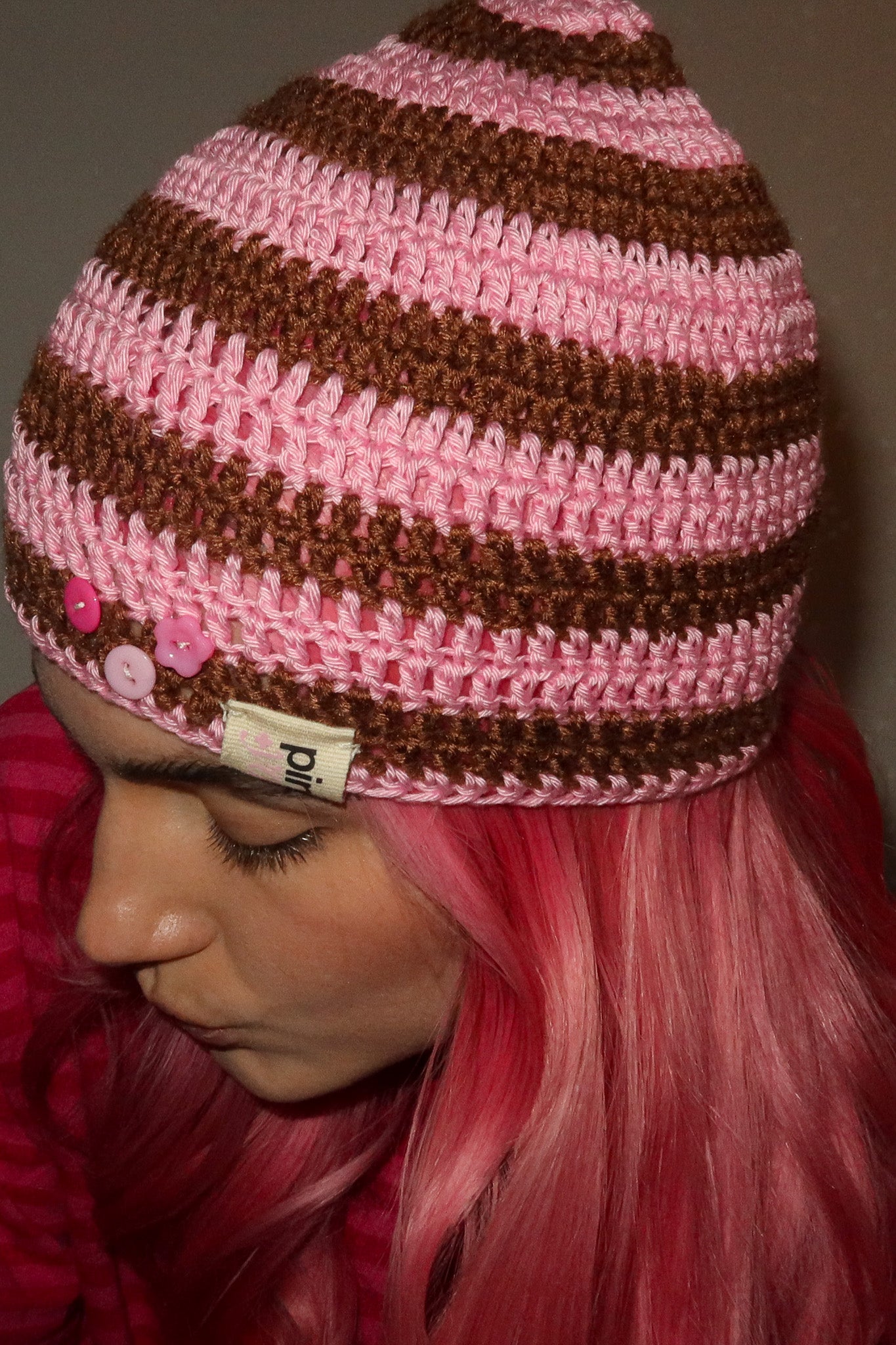 Classic Striped Beanie Pink Bear