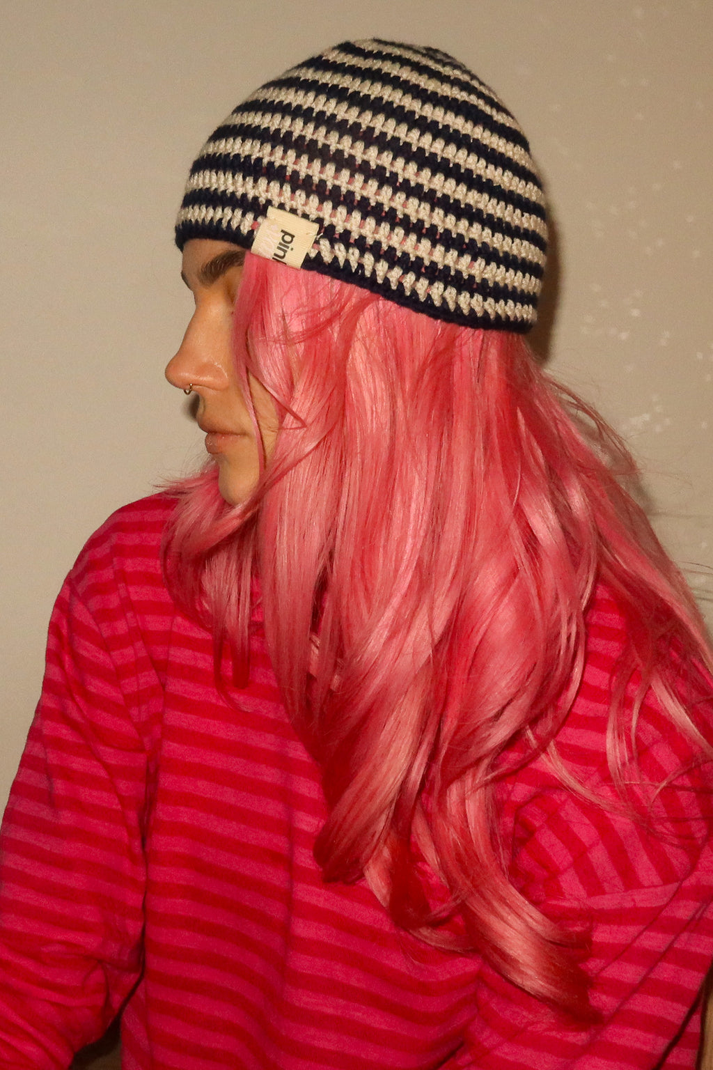 Bonnet rayé Navy, coton OEKO-TEX, crocheté main, Pink+Yarn