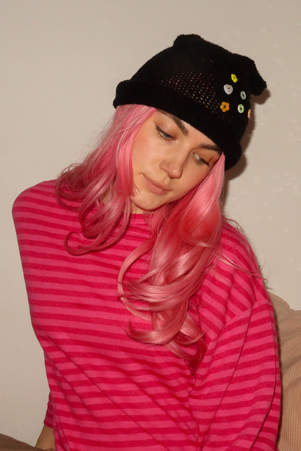 Cat Ears Beanie Black & Buttons