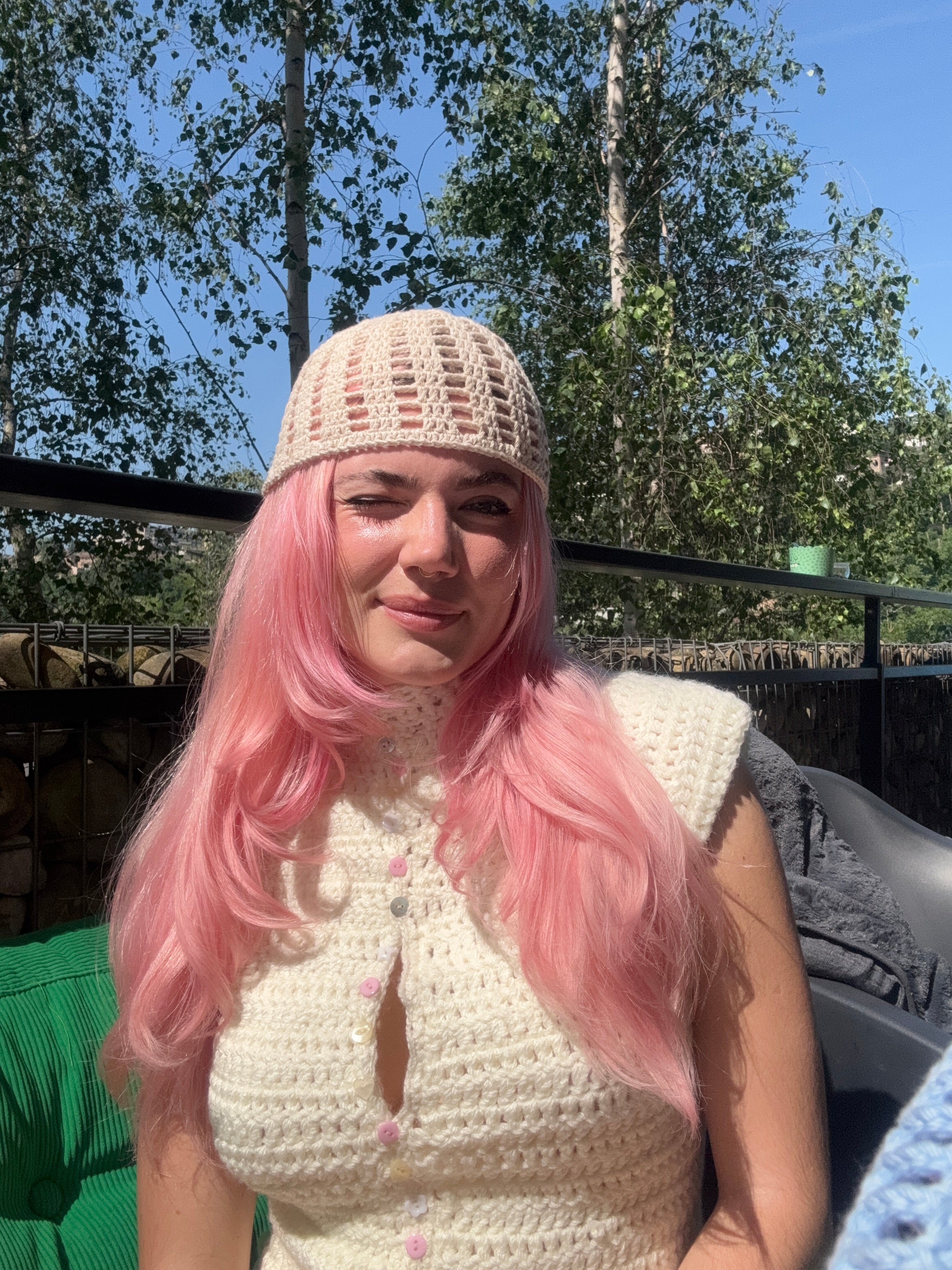 summer filet beanie - cream & gold